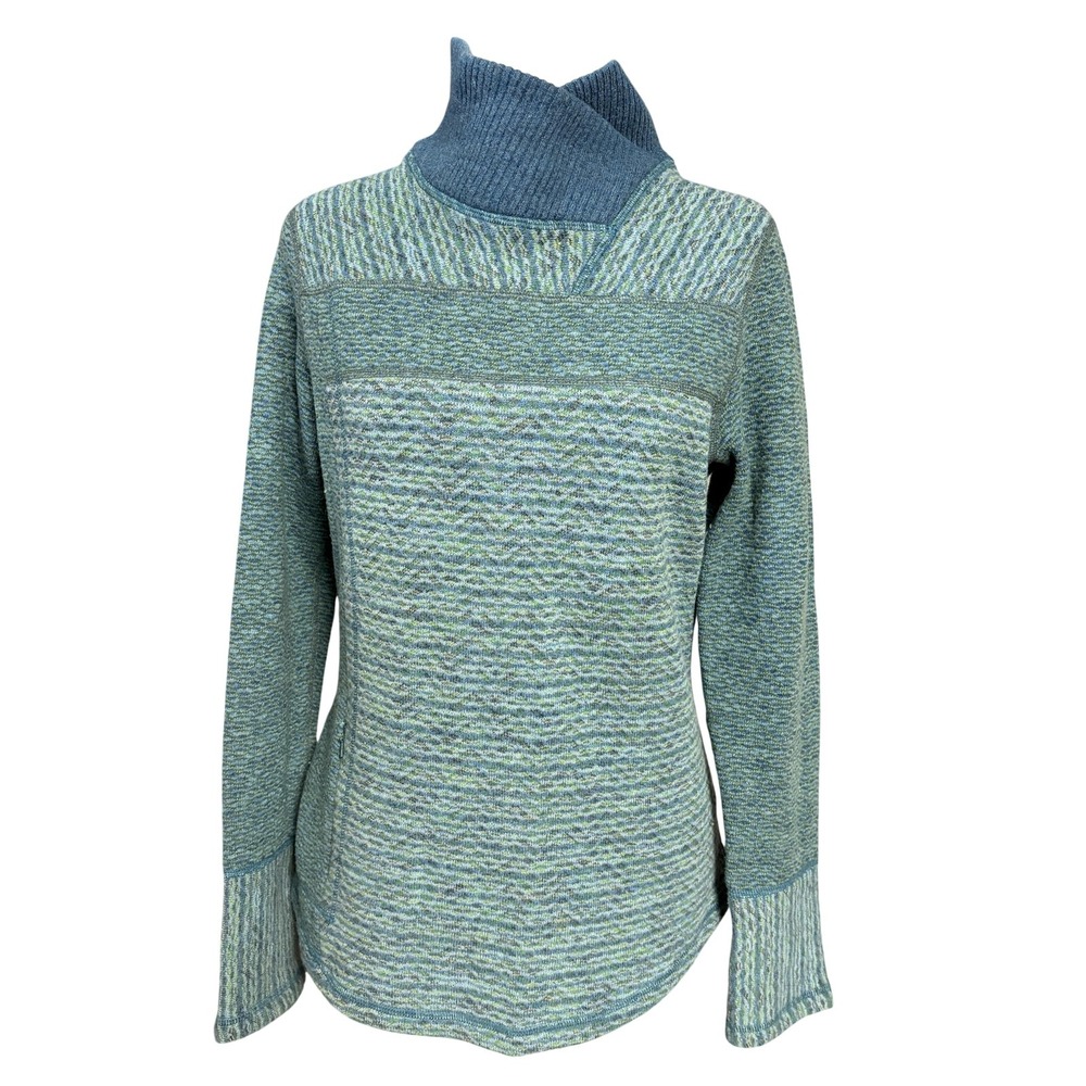 PrAna Sweater Womens M Green Recycled Wool Blend Cowl Neck Pullover Zip Pockets